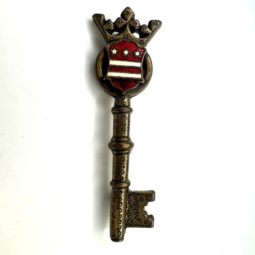 Vintage gold tone Heraldic red white enamel crest shield crown key stars brooch
